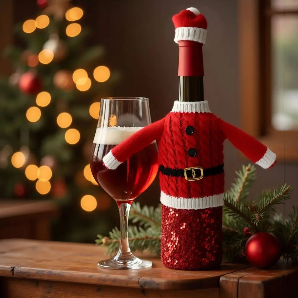 

Creative Christmas Wine Bottle Cover DIY Reusable Christmas Bottle Knitting Dress Wine Protection Handmade