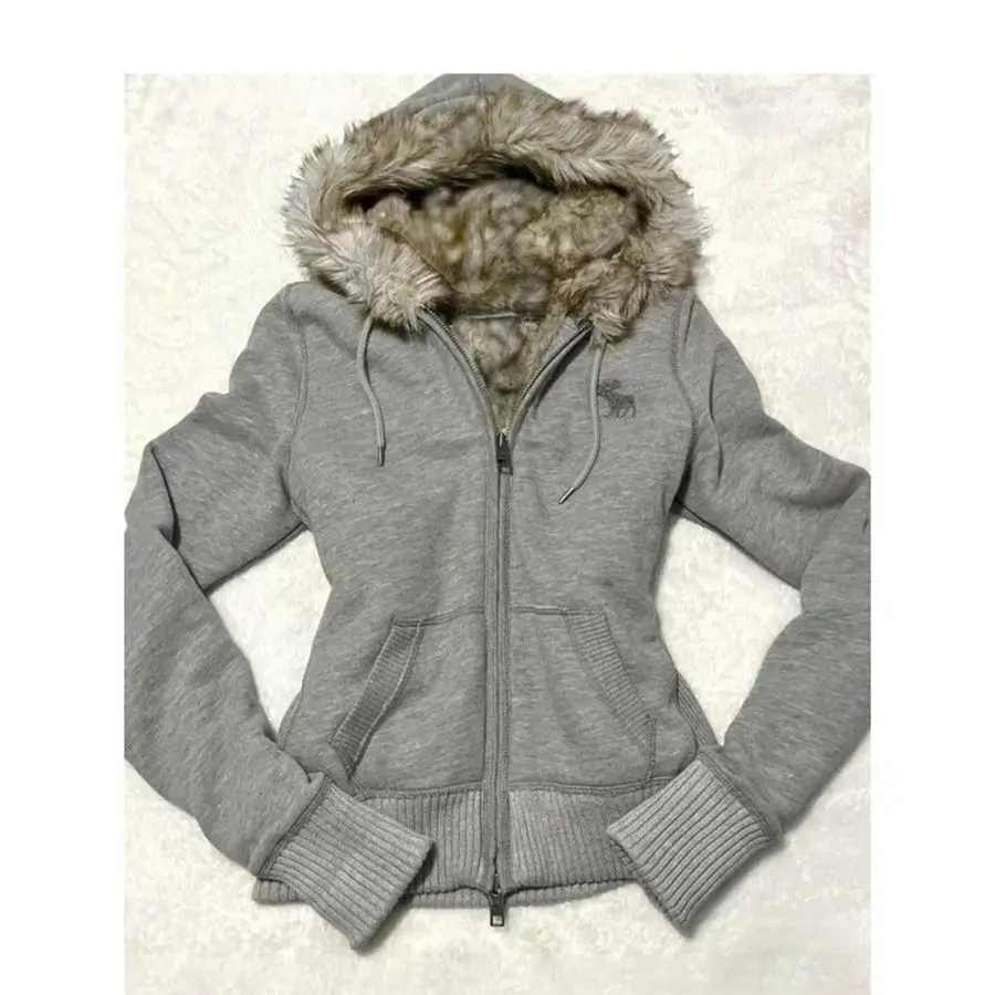 

American Vintage Fur Collar Hooded Sweatshirt Jacket for Women Slim Fit Cropped Zip Up Fleece Hoodie Hot Girl Millennium Style