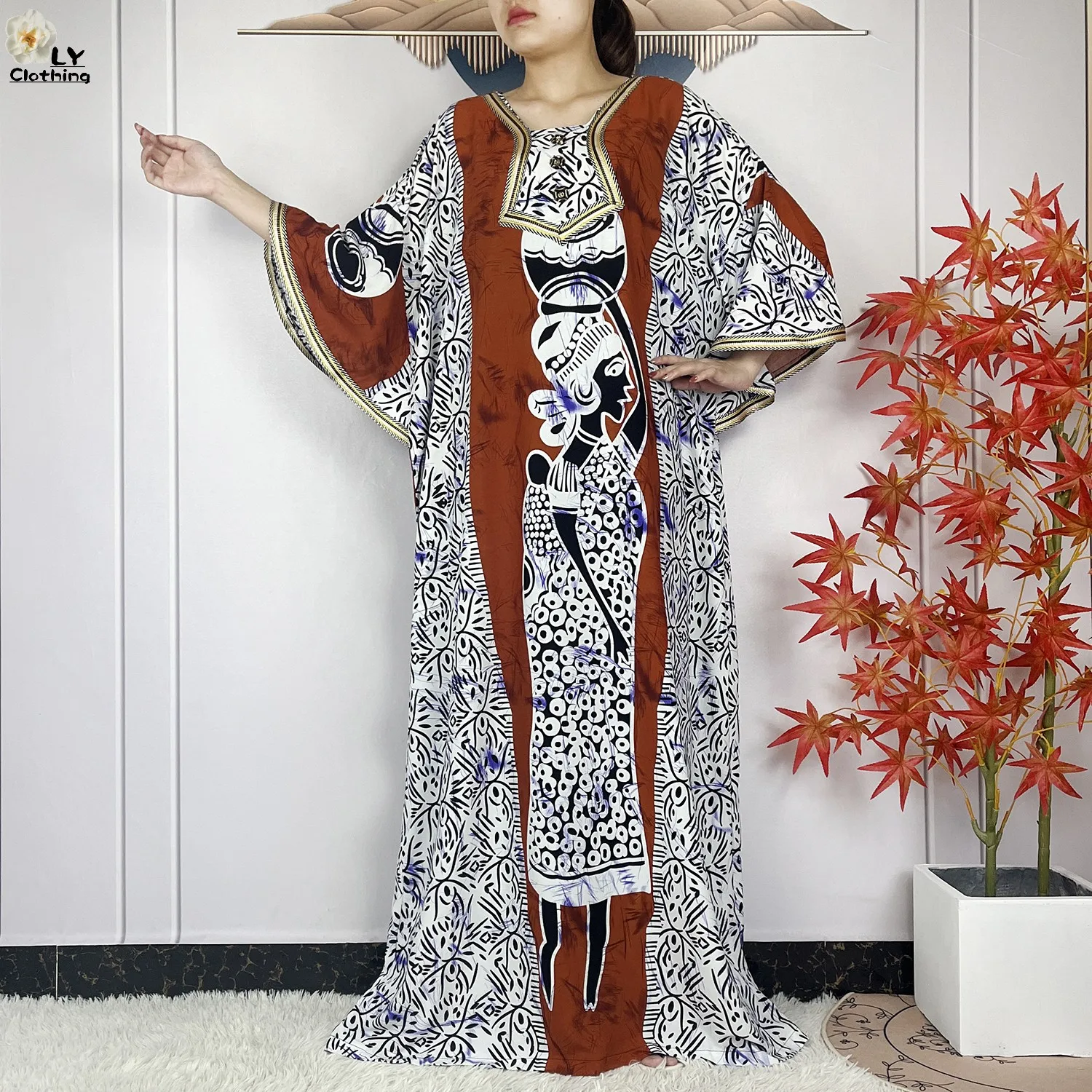 2024New Fashion Printed For Women Short Sleeve Dress Dubai Summer Cotton Loose Femme Robe African Abaya Islam Dresses With Scarf