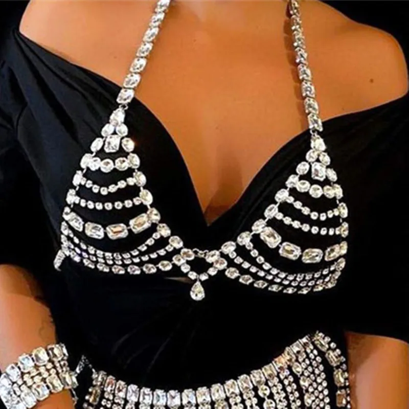 New Deluxe Bling Water Drill Body Chain Set Ladies Party Carnival Sexy Shiny Large Crystal Bra and Long Thtassel Dress Jewelry