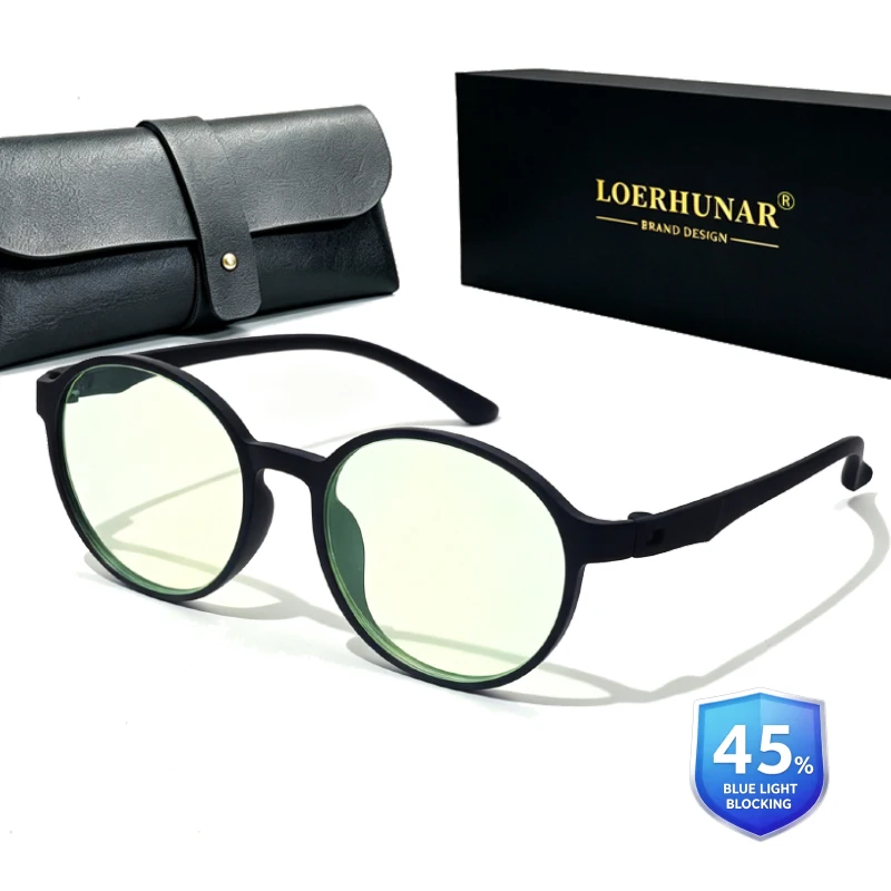LOERHUNAR Round Blue Light Blocking Glasses with Light Yellow Lens for Better Sleep Lens for Long Time Working Glasses Men Women