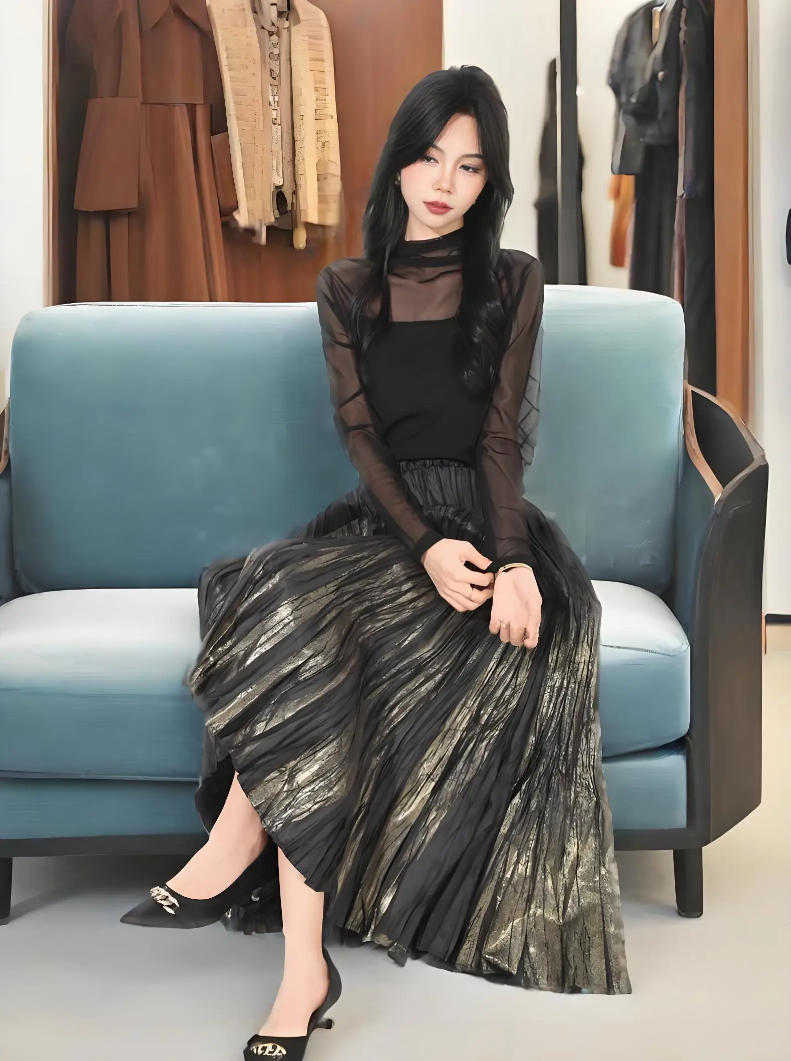 

Miyake 2025 Pleated Bronzing Skirt Women's High-waisted Thin Swinging Skirt Long Pleated Elastic Waist Swinging Umbrella Skirt