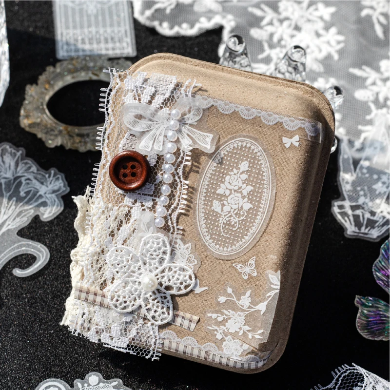 Journal GO 20pcs Light Vintage Lace PET Stickers Delicate Patterns Decal for Journaling Scrapbooking Planner Card and DIY Crafts