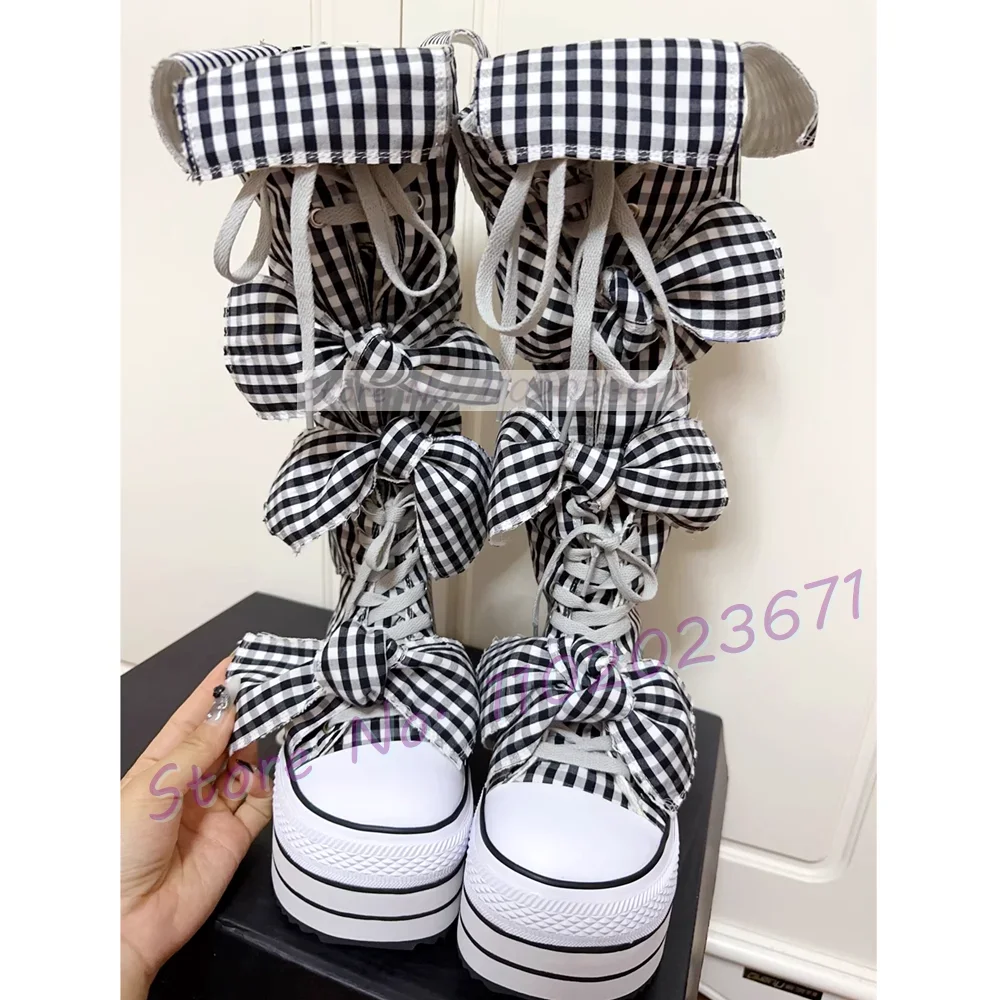 Bowknots Thick-sole Long Canvas Shoes Women Trendy Round Toe Cool Plaid Shoes Girl's Lolita Sweet Lace-up Platform Tall Boots