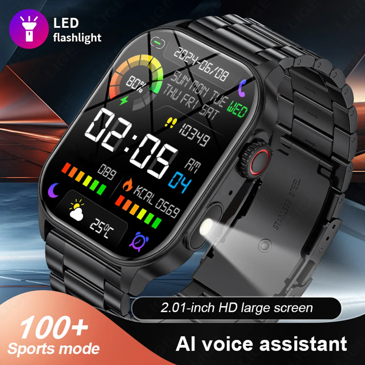 KM02 Sports Smart Watch With Light Flashlight BT Calls AI Voice Assistant IP68 Waterproof Alarm Clock Stopwatch Healty Mointor