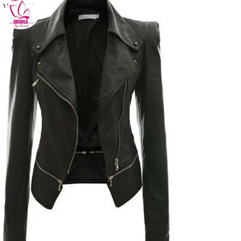 Spring Autumn Winter Ladies Motorcycle Leather Jackets Women Turn-down Collar Zipper Slim Black Moto & Biker Jacket Female y2k