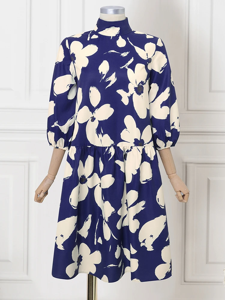 

VONDA размера плюс 5XL, женские богемные платья миди, осенние длинные платья 3/4 с пышными рукавами и воротником-стойкой, повседневные платья с принтом