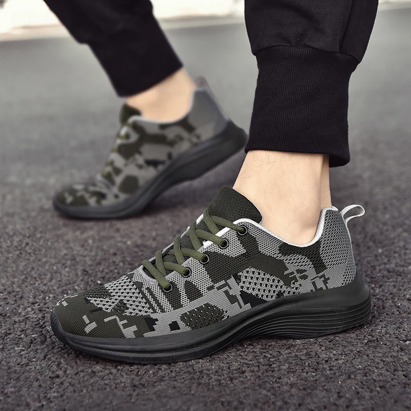 Army Green Camouflage Sneakers Men Sneakers Low Top Casual Shoes for Men Breathable EVA Sole Mesh Lace Up Plus Size 39-45