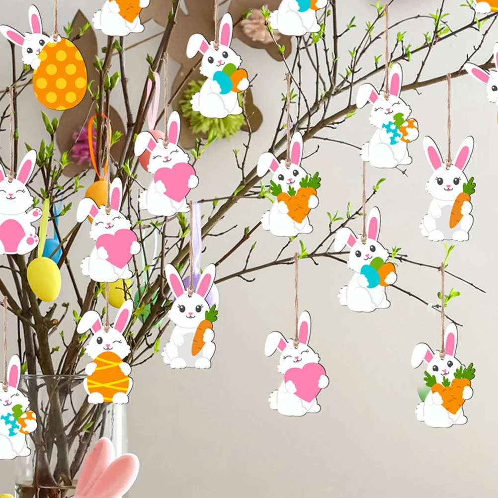 48 Pcs Adorable Cartoon White Wooden Hanging naments for Easter Party Decorations Festive Holiday Bunny Tree Pendant Home