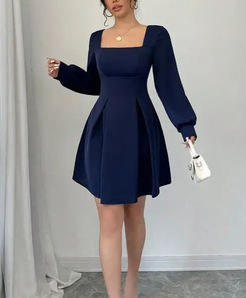 فساتين نسائية 2025 ربيع جديد فستان بأكمام طويلة رقبة مربعة الخصر Cinching سليم يوميا عادية ألف خط فستان قصير #3