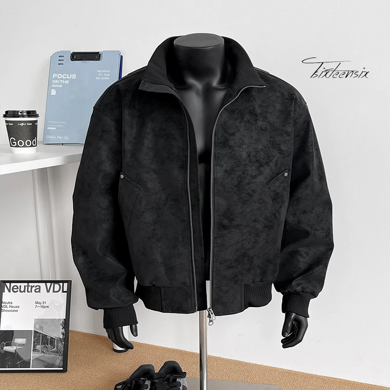 سترة جلدية كاجوال للرجال بياقة واقفة على الطراز الأمريكي، سترة رجالية عصرية للدراجات النارية #2