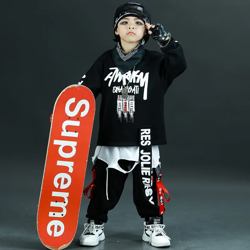 Children Boys Hip Hop Letter Dancer Sport Clothes Girls Sets Ribbon Pullover Sweatshirts Cargo Pants Kids Tracksuits Costumes