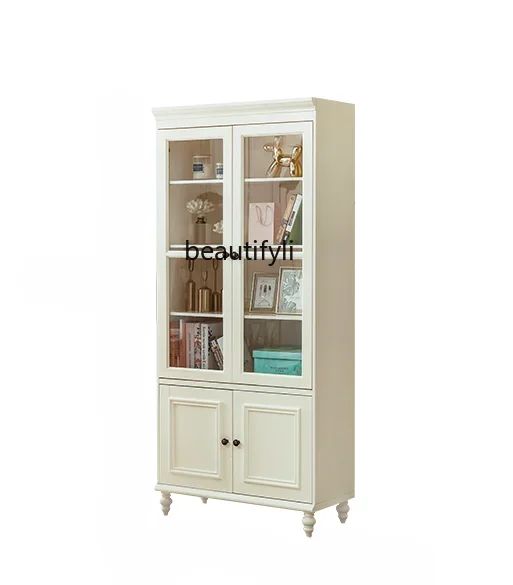 

American-Style Solid Wood Bookcase Small Apartment Storage Cabinet White Modern Simple Storage Display Cabinet Study Home