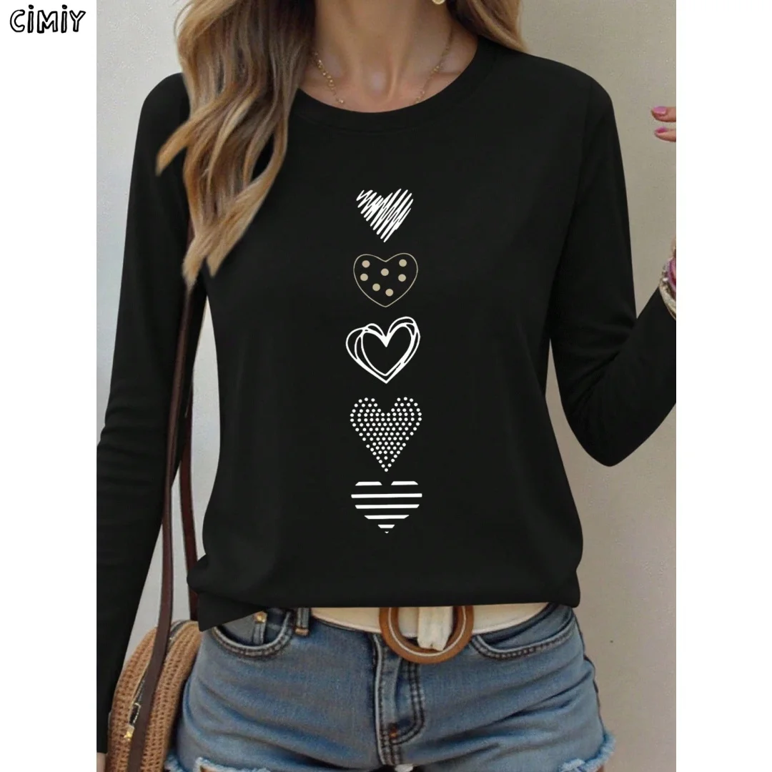 

Ladies' Spring and Autumn Clothing Colorful heart Printed T-shirt Long Sleeve Round Neck Casual Top Casual T-Shirt Suitable New