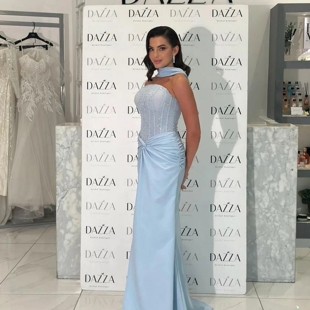 بيلا مخصص الأزرق الديكور الأوشحة الحريرية الطويلة الجلباب دي سهرة حورية البحر عارية الذراعين فساتين الحفلات الطابق طول ألف خط فستان الحفلة الراقصة