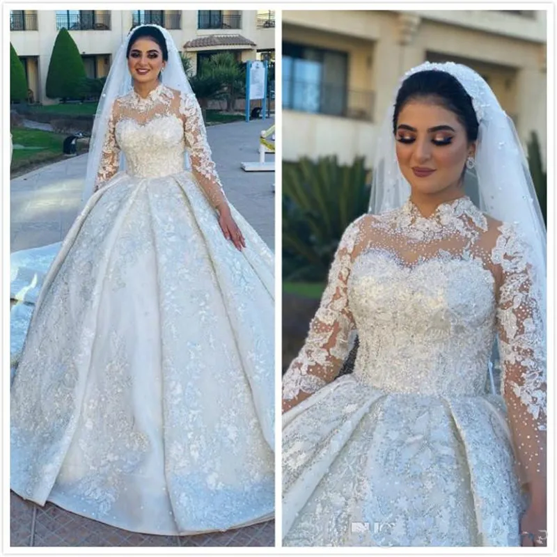

Customized High Collar Shinny Applique Beads Long Sleeves Wedding Dress Vestidos De Novia Country Long Sleeves Bridal Gown