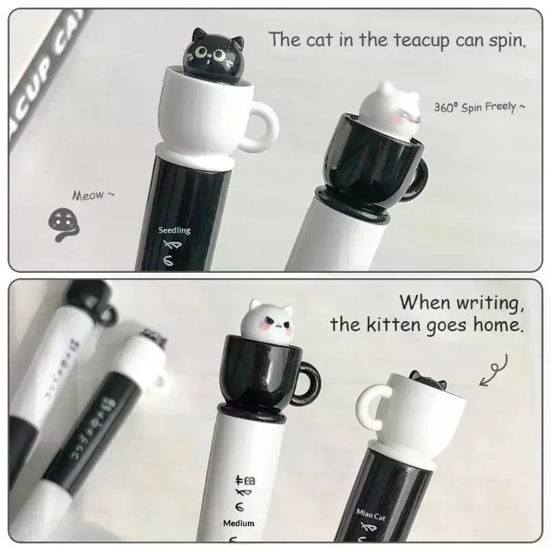 Cute Teacup Cat Gel Pens 0.5mm Fun Animal Quick Dry Pen Creative Rotating Cat Pocket Pen For School & Office Use
