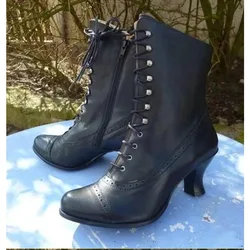 Nowe damskie krótkie buty PU skórzane buty motocyklowe szpilki buty ze szpiczastym noskiem damskie buty wiktoriańskie Retro Botas