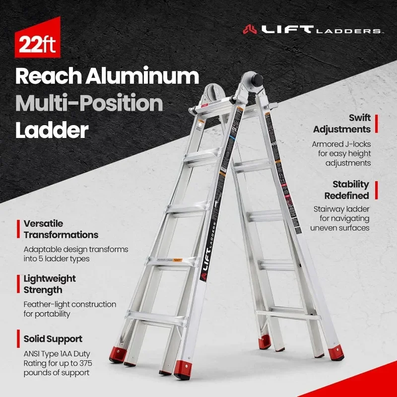 22 Foot Reach Adjustable 5 in 1 Multi Position Lightweight Aluminum Step Ladder with Armored J Locks and 375 Pound Capacity