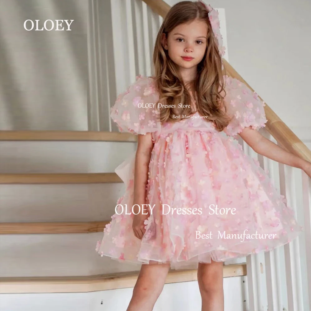 

OLOEY Pink Lace Flower Girl Dress O Neck Puff Sleeves Birthday Party Dresses Pearls Back A Line Princess Dress Knee Length Ball