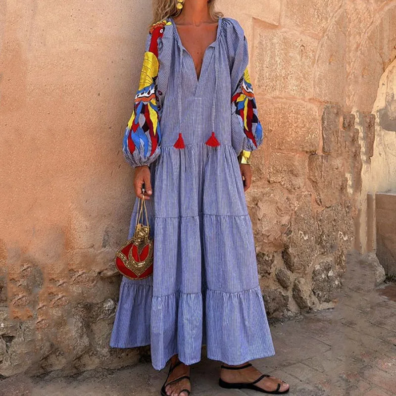 

Женское плиссированное платье с рукавами-фонариками, Элегантное Длинное платье в полоску для отпуска с оборками и принтом, свободное Повседневное платье с V-образным вырезом