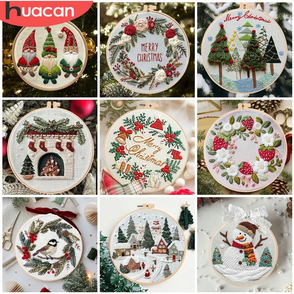 Christmas Embroidery Landscape Winter Kit With Hoop DIY Cross Stitch Snowman Sewing Kit For Beginner Adult