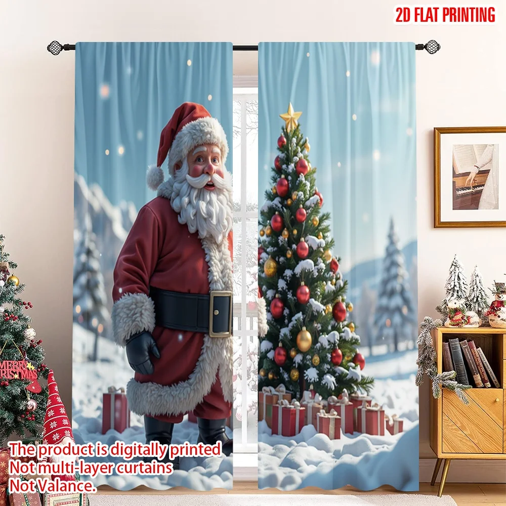 

2pcs 2D flat printing Christmas Party Curtain Santa Claus Gifts Winter Holiday Fabric Without Electricity Birthday Party for