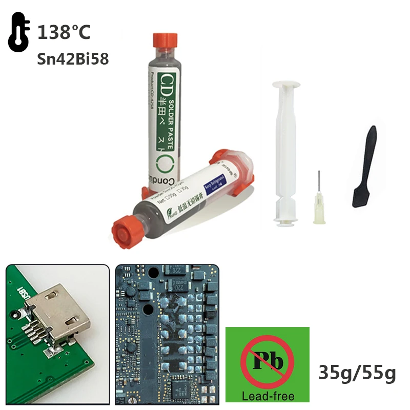 

Бессвинцовая низкотемпературная паяльная паста типа иглы Sn42Bi58 температура плавления 138 ℃ патч ремонт SMD ремонт сварочная паста 10 куб. См