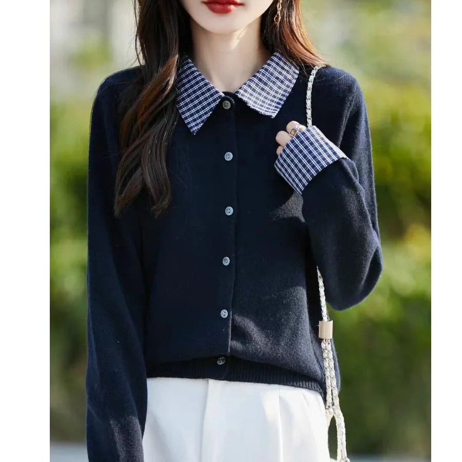 

Ретро клетчатый Ne Color Blo Base открытый кардиган женский трикотаж осенний сезон шерсть 00% образец ткани одежда