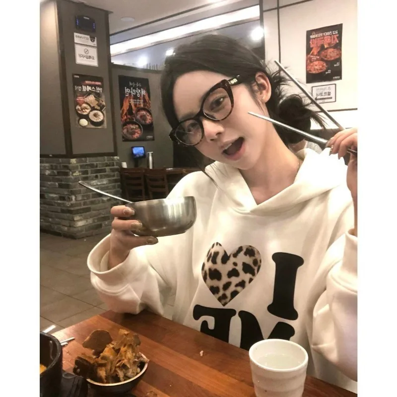 Amerikaanse herfst winter retro plus fluwelen verdikking nieuwe losse jas liefde gedrukte letter hooded sweatshirt top