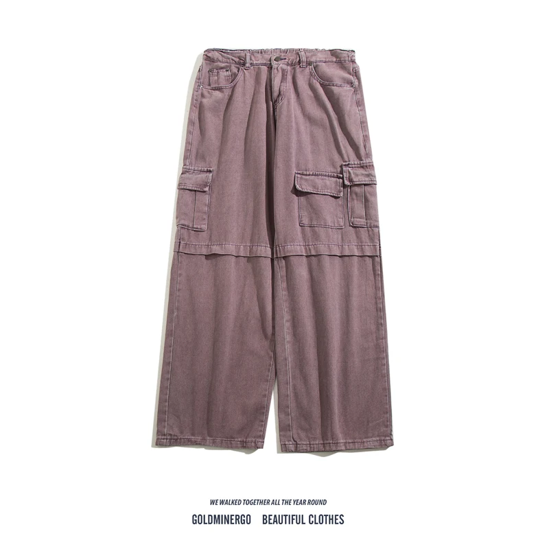 

Ретро-джинсы прямого кроя в рабочем стиле, повседневные свободные брюки с широкими штанинами, с множеством карманов, модный бренд, фиолетовые