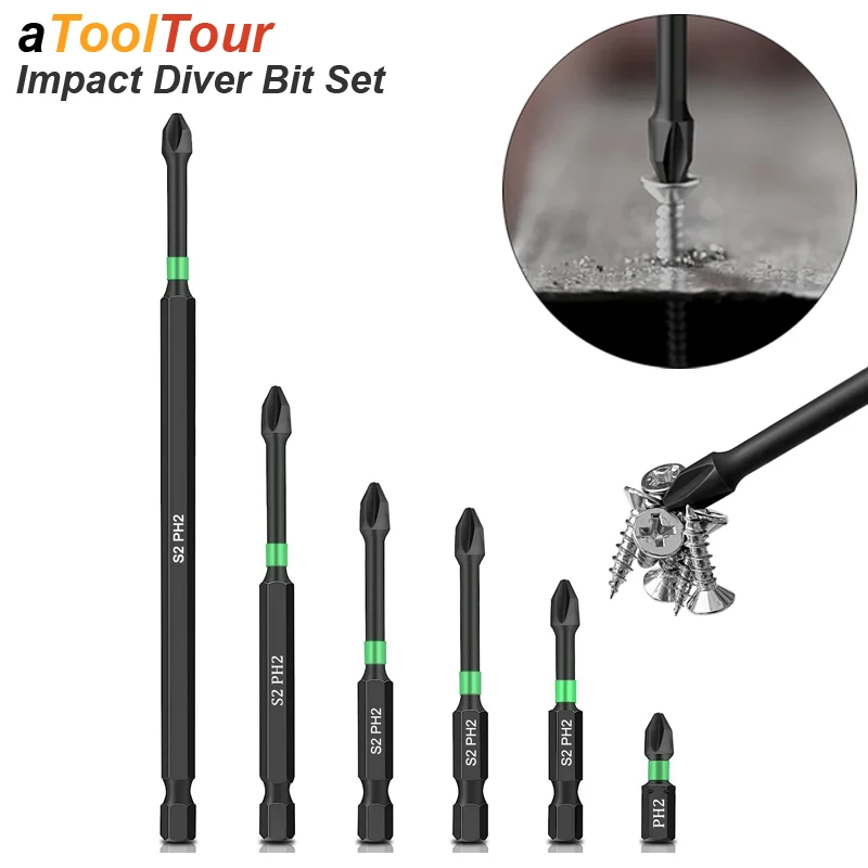 Impact Batch Strong Magnetic Screwdriver Bits Anti Non Slip Tip 1/4 Hex Shank PH2 Magnet Head Phlippes Cross Screw Driver Set