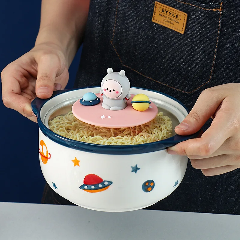 1000ML Creativity Bowl Spoon with Lid Ceramics Instant Noodle Bowl Young Girl Dorm Room Student Office Super Large Bowl Mug