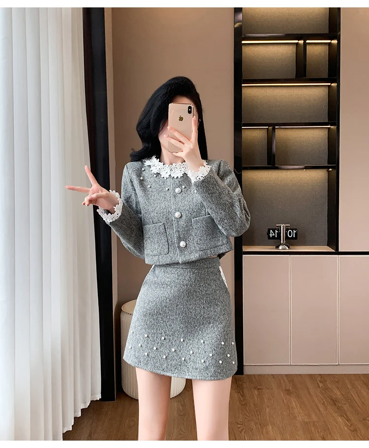 Autumn Winter Fashion Tweed Two Piece Set New Women Sweet Lace O-Neck Single Breasted Short Coat+Mini A Line Skirt Elegant Suits