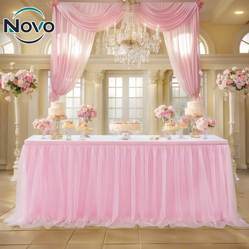 Elegant Pink Tulle Table Skirt Ruffle Tutu Table Cover for Princess Birthday Wedding Baby Shower Cake Dessert Party Decoration