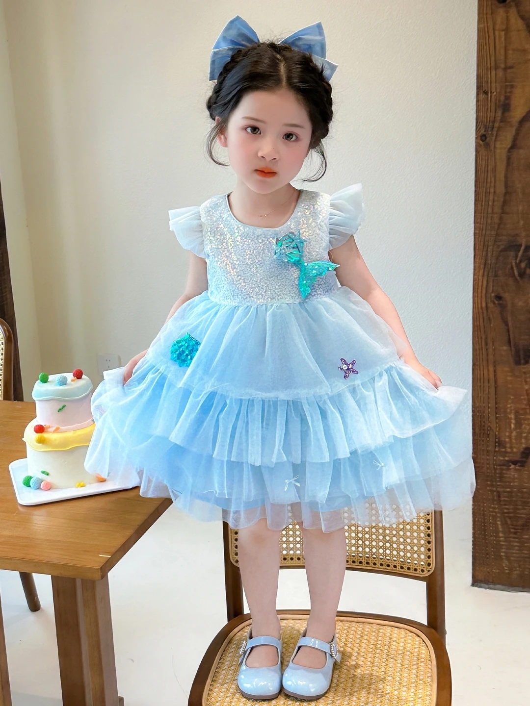 女の子用サマーフェアリーマーメイドスパンコールプリンセスドレス、メッシュスカート、柔らかく快適な韓国風ミッドウエストガウン、歳から2歳向け
