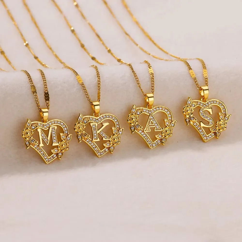 

Gold Plated Heart Initial Letter CZ Pendant Necklace, Flower Inlaid Custom Name Necklace for Women