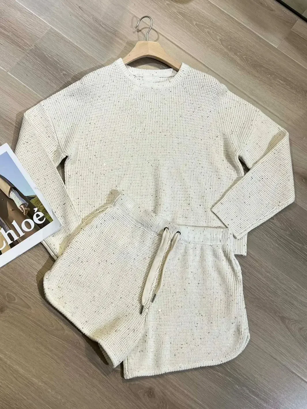 Women's Set 2024 New Autumn Spring Cotton Rib O-neck Casual Long Sleeve Sweater or Drawstring High Elastic Waist Shorts