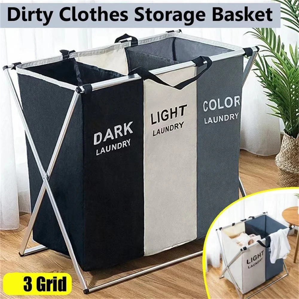 2024 3 Grids Laundry Basket with Bracket Foldable Oxford 3-Compartment Dirty Clothes Storage Box Bathroom Toy Classification