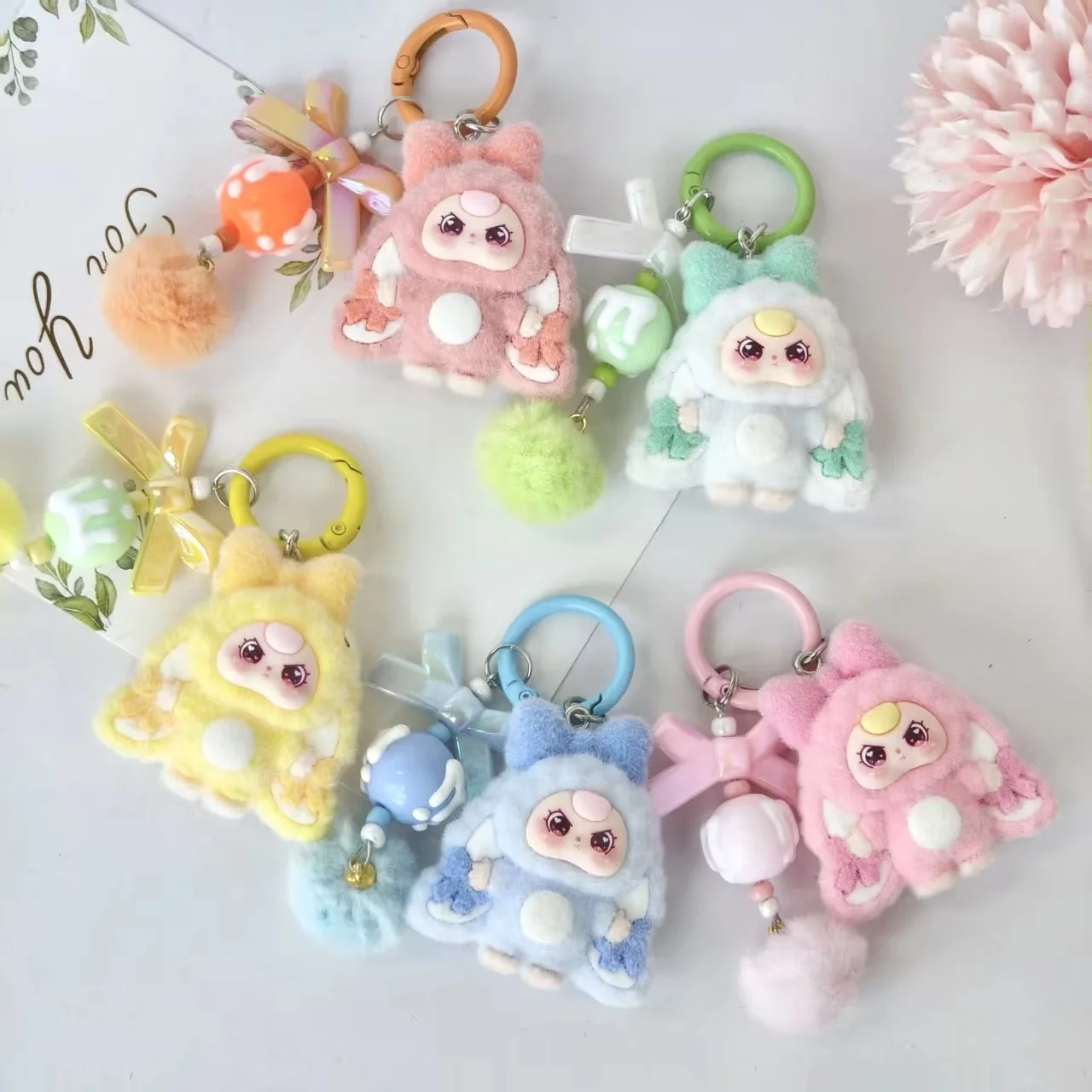 10pcs Mix Baby Three Flocked Cartoon Cute Doll Keychain Diy Jewelry Accessory Trendy Live Stream Toy Bag Pendant Kids Girls Toys