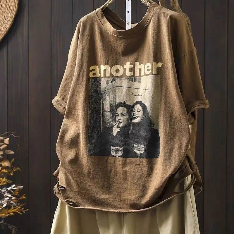 Cotton T-shirts Women 2026 New in Summer Short Sleeve T Shirt Fashion Design Ripped Loose Print Top Oversized Tshirt Ins Trend