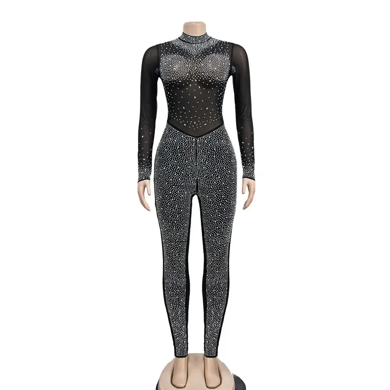 Wysokiej jakości kombinezony damskie z długim rękawem 2022 Skinny Sexy Diamonds Jumpsuits Women High Neck Mesh See Through Black Club Party Jumpsuit Rompers