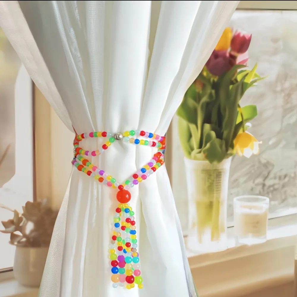 Bohemian Stone Bead Curtain Tiebacks - Colorful Multicolor Random Bead Design for Home & Office Decor