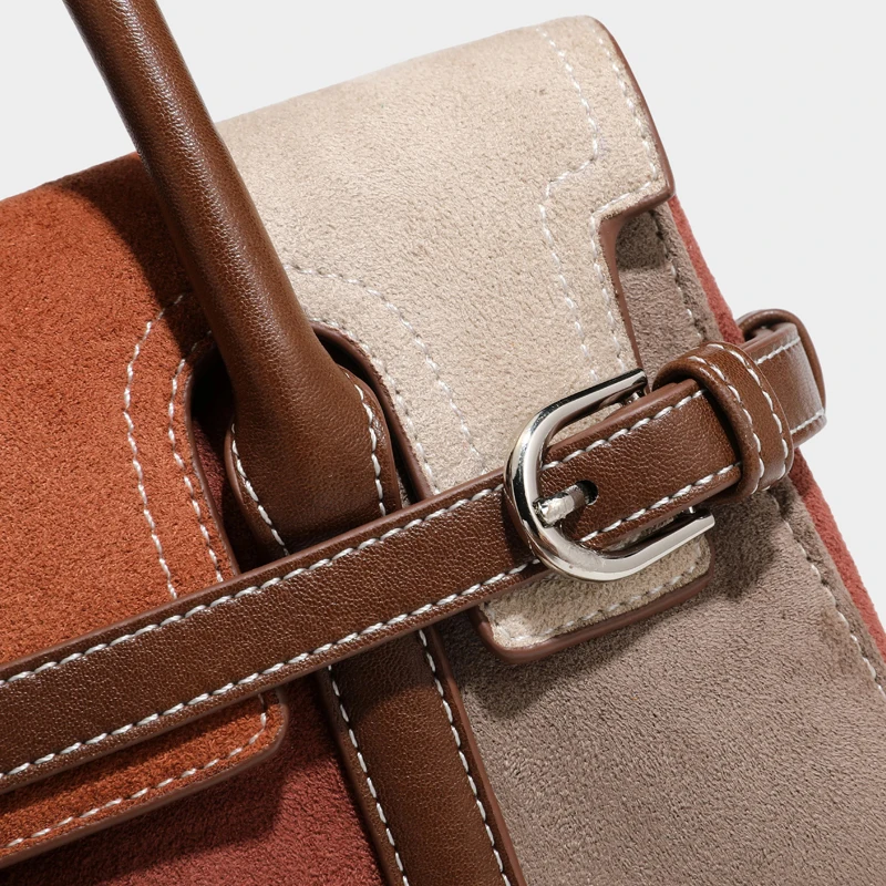 Faux Suede Small box Bags For Women Luxury Designer Handbags Purses 2026 New In Splicing Design Top Handle Belt Buckle Shoulder