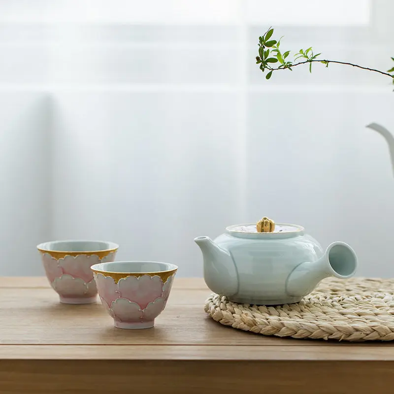 Kiln powder peony flat and urgent beard teacup, set gift color boxed ceramic tea set