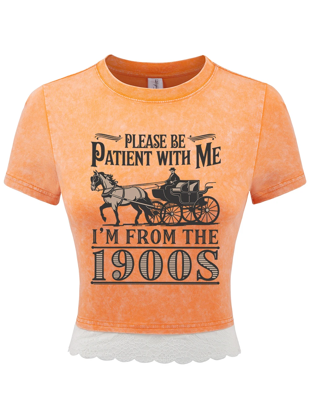 Please Be Patient With Me Print Cotton Washed T-Shirts Womens Summer Lace Hem Crop Tops Regular Fit O-Neck Tees Casual Clothes