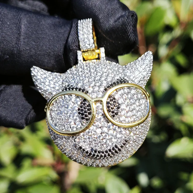 **Iced Out Devil Smile Face Pendant Necklace Removable Glasses Gold Silver Plated CZ Zircon Hip Hop Rapper Charm Men Jewelry