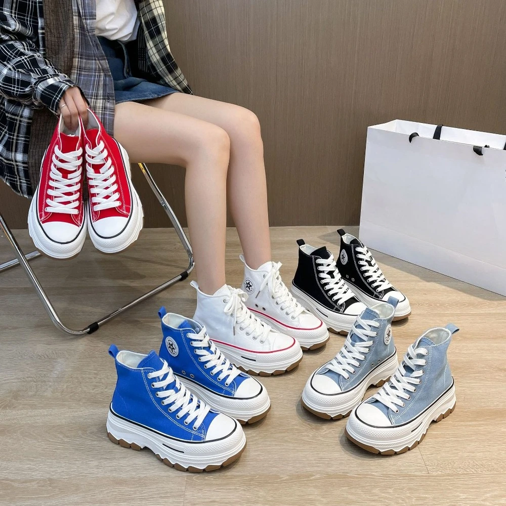 

Новые универсальные парусиновые туфли Instagram для студенток, белые туфли на толстой подошве с высоким вырезом, повседневные туфли для досок, одинарные туфли