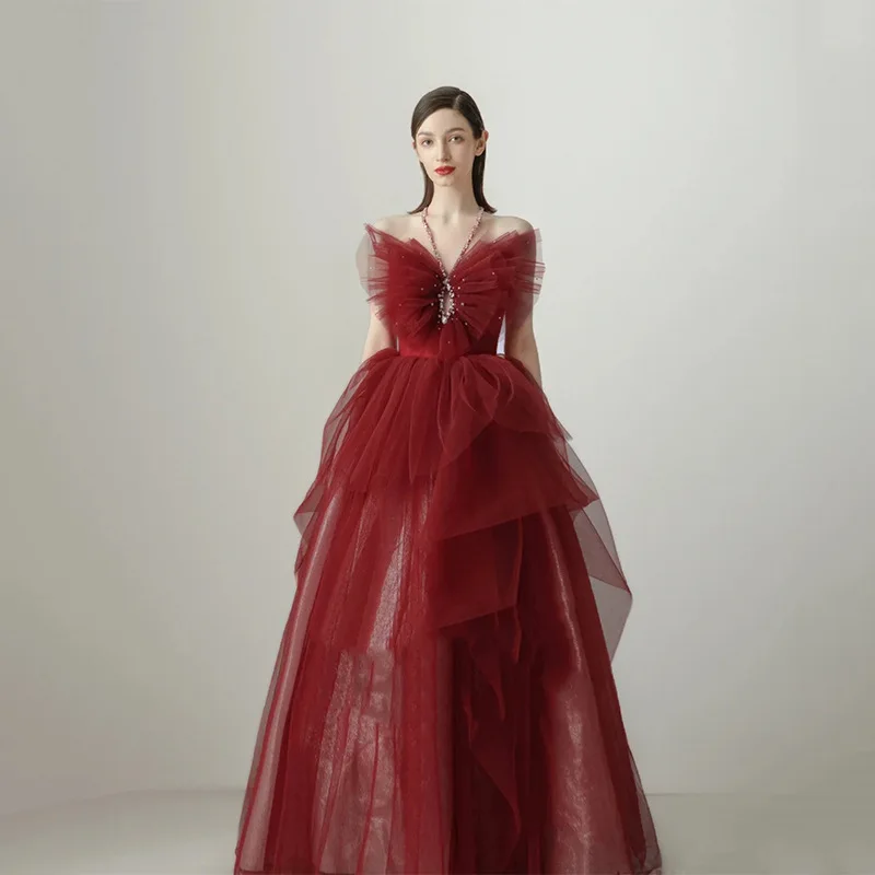 Burgundy Toast Clothing Bow Long A-line Wedding Dresses Bride Fairy Backless Prom Party Gown