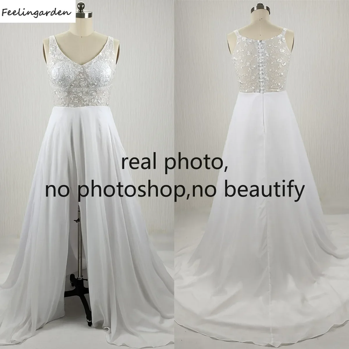 Customization Feelingarden Real Photo Wedding Dress Pure White V-neck Sleeveless Zipper Buttons Trailing Bride Gown Plus size